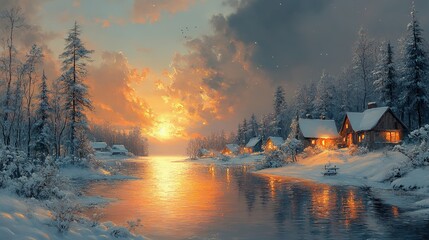 Fototapeta premium Winter Sunset Over Snowy River Village Houses