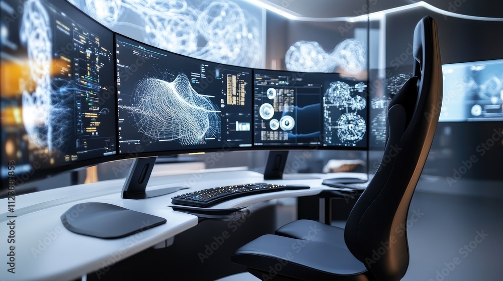Aufkleber modern workspace with multiple monitors and futuristic technology