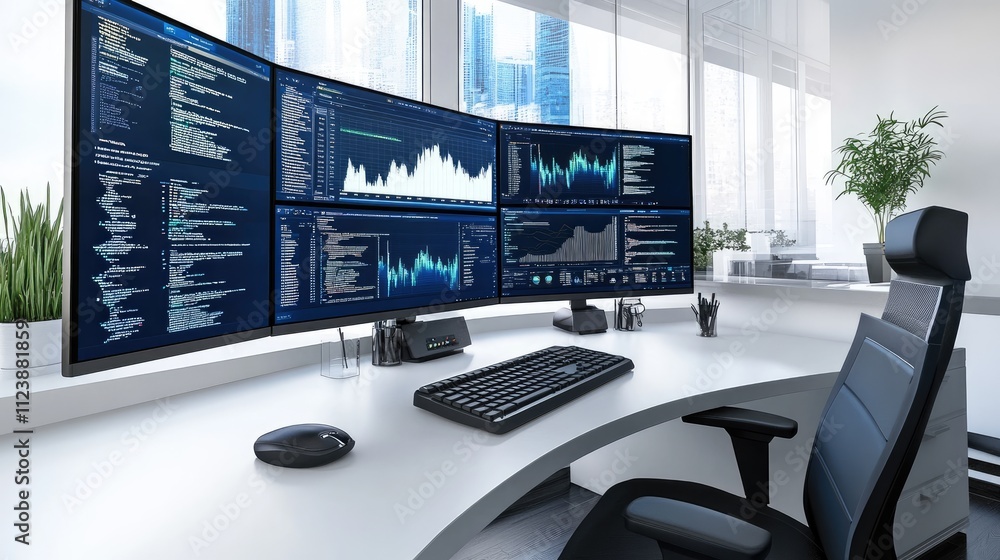 Poster modern office workspace with multiple monitors and data visualizations