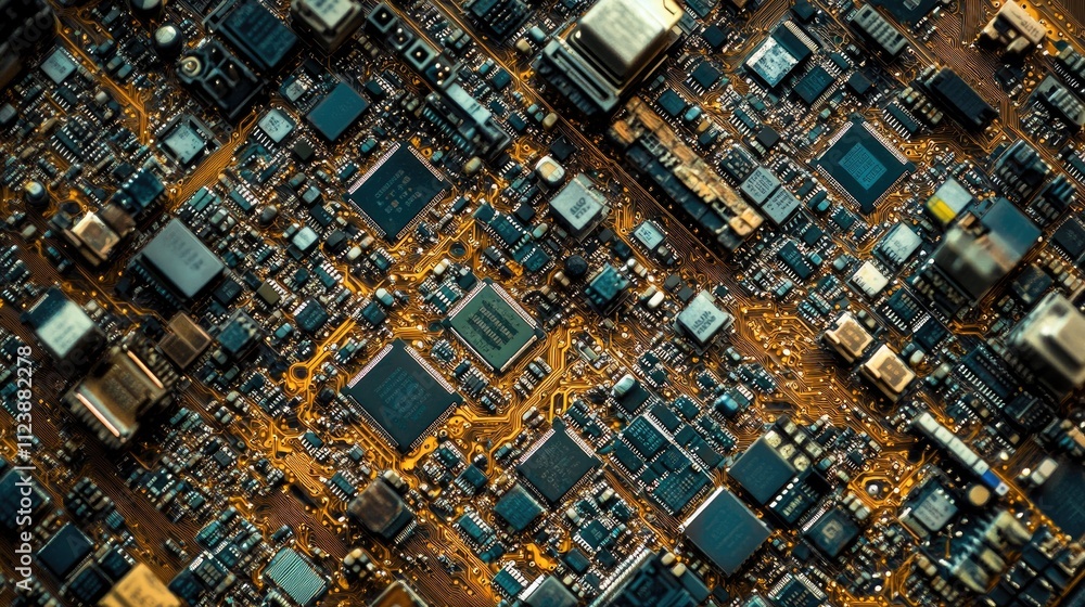 Poster detailed close-up of complex circuit board with microchips and connectors