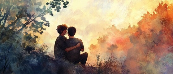 Obraz premium Romantic Couple Embracing at Sunset, Watercolor Painting of Love and Nature