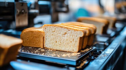 Freshly Baked Slices of Bread on Production Line in Bakery Factory