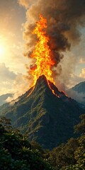 Fototapeta premium Towering flames of a wildfire engulf the summit of a mountain amidst lush greenery, nature, ecological destruction