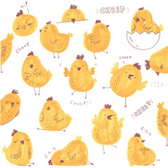 Set of cute cartoon chicken baby. Funny chick. Hand drawn characters isolate on white background. Vector illustration.