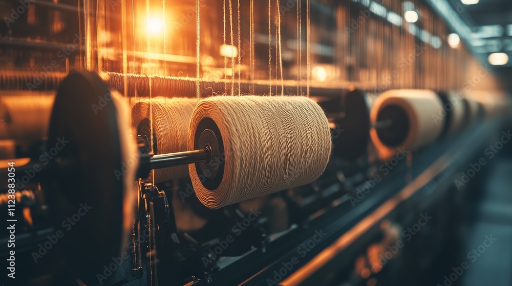 Poster close-up view of spools and threads in modern textile factory