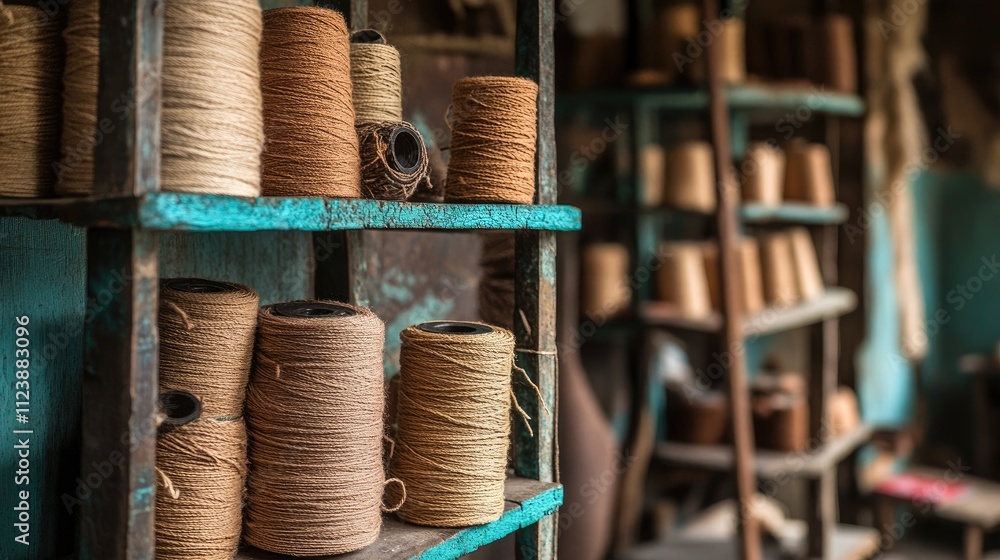 Poster rustic thread spools on wooden shelves in craft workshop setting