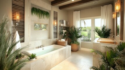 Fototapeta premium Tranquil Bathroom with Natural Elements and Soaking Tub
