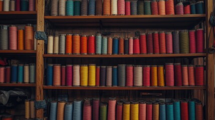 Colorful Spools of Thread Organized on Wooden Shelves in Studio