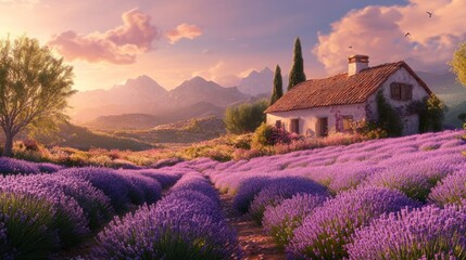 Sunset lavender field, cottage, mountains.