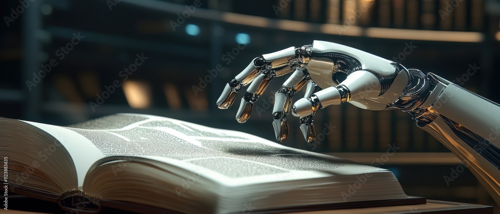 Aufkleber robotic hand interacting with open book in library setting ai and knowledge concept
