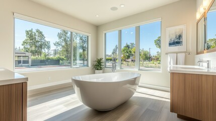 Fototapeta premium Modern Bright Bathroom with Freestanding Tub and Windows