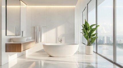 Fototapeta premium Modern Bright Airy Bathroom with Freestanding Bathtub