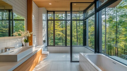 Fototapeta premium Bright Modern Bathroom with Large Windows