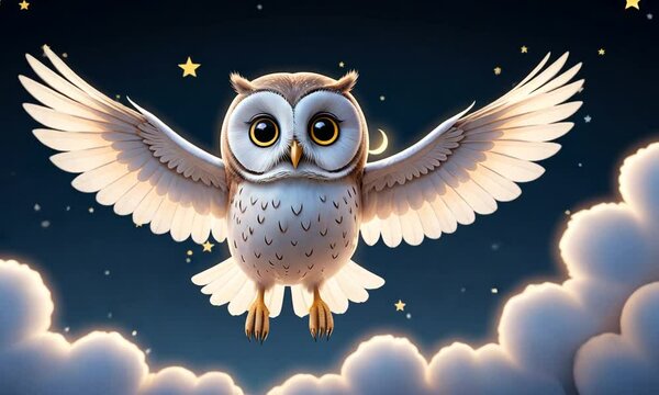 A cartoon owl is flying in the sky with a full moon in the background