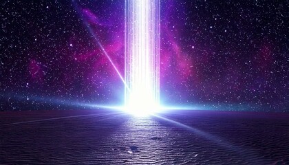 宇宙と光の柱、銀河の背景、紫色の星空、未来的な光の演出、神秘的な光のゲート、夜空に輝く光、異世界への入り口、幻想的な宇宙空間、星々と光のアート
