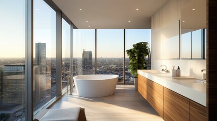Fototapeta premium Modern Minimalist Bathroom with Scenic City View