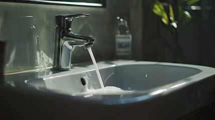 Fototapeta premium Modern White Sink with Shiny Faucet and Running Water