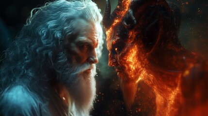 Intense Clash Between a Divine Elder and a Fiery Demon Representing Good vs Evil