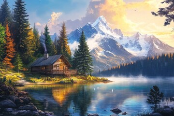 Secluded cabin, serene lake, majestic mountains.