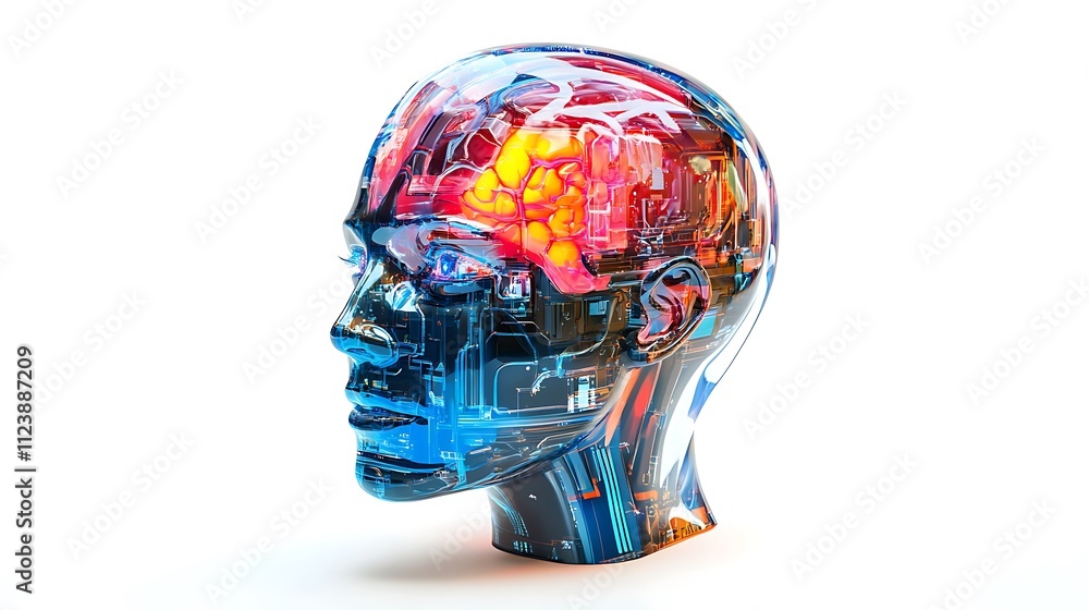 Poster translucent humanoid head with visible circuitry and brain