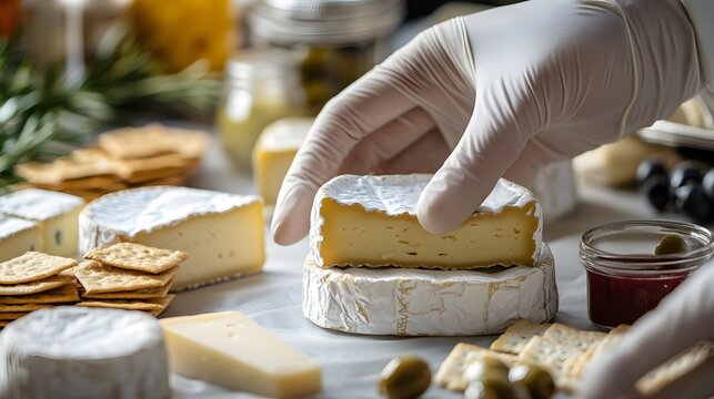 Gloved Hand Presenting Camembert Cheese And Crackers