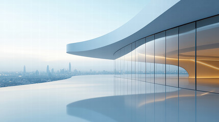 Modern architecture, a curved glass curtain wall, a light blue sky, a skyline in the distance, clean and transparent floor-to-ceiling windows