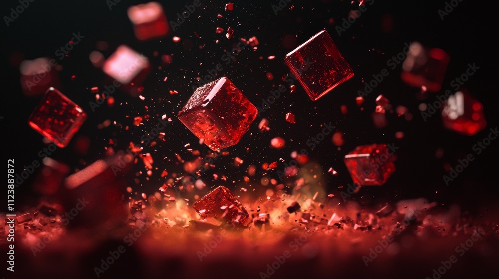 Poster exploding red cubes with dynamic particles on a dark background