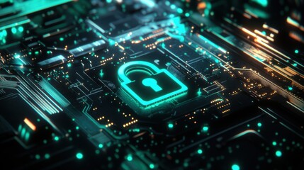 A low angle wide shot of a digital lock symbol integrated into a high-tech circuit board, glowing with pulsating neon green light, surrounded by holographic data streams