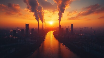 Naklejka premium Industrial skyline at sunset with smoke rising over a river, highlighting pollution concerns.