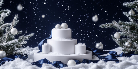 A luxurious holiday-themed cosmetic product showcase featuring white display stands of varying heights, surrounded by softly piled snow.