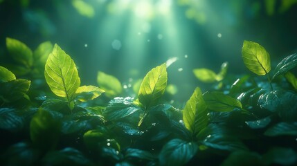 Fototapeta premium A serene close-up of vibrant green leaves illuminated by soft sunlight.