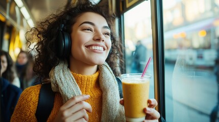 Smiling Woman Enjoying a Smoothie on Public Transport with Headphones