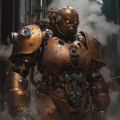 Rusty steampunk robot stands in smoke-filled factory.