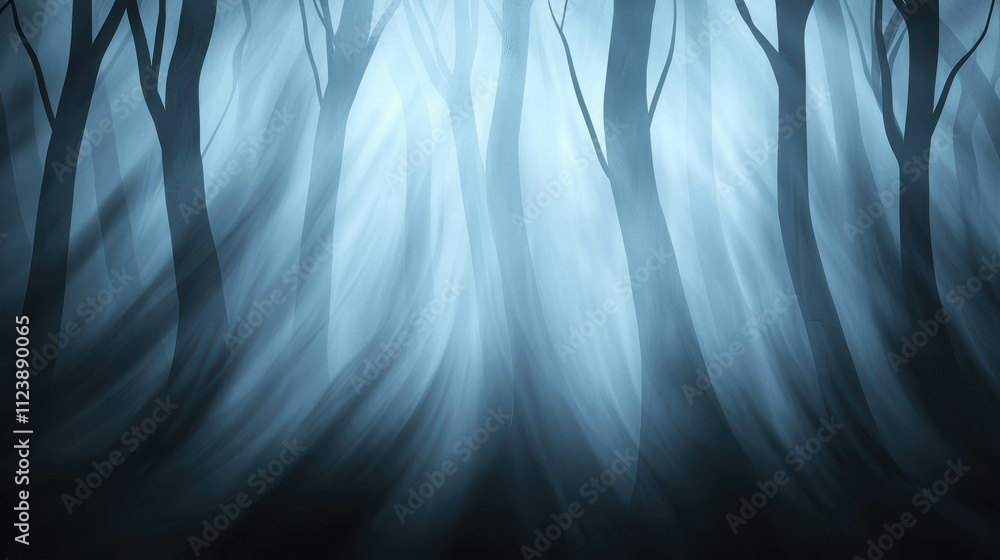 Poster mysterious fog rolling through trees in dark enchanting forest scene