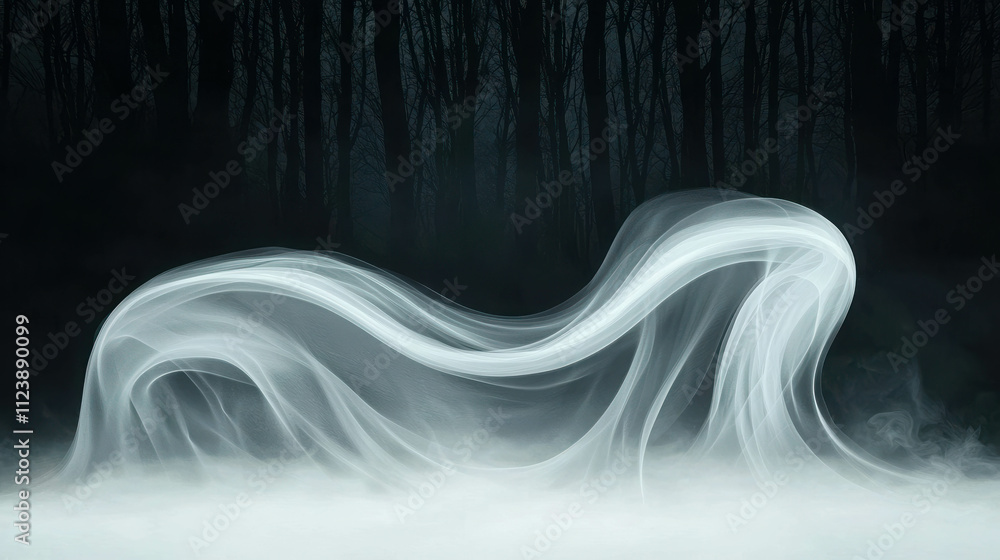 Poster mysterious fog rolling through dark forest background with ethereal shapes