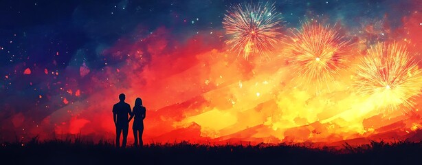 Obraz premium Sunset Lovers Escapes, Romantic Watercolor Sunset with Fireworks Display