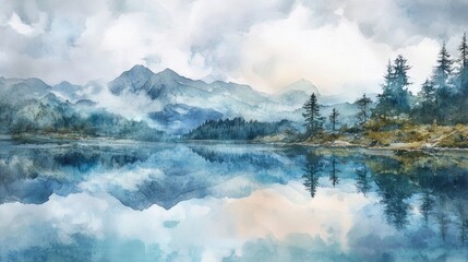 Serene mountain lake reflecting misty peaks.