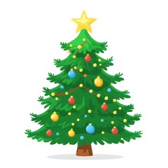 Fototapeta premium A festive Christmas tree adorned with colorful ornaments and a golden star.
