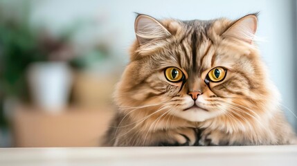 Obraz premium A close-up of a fluffy cat with striking yellow eyes, showcasing its unique features.