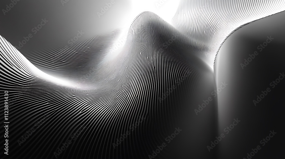 Poster abstract grayscale 3d rendering of undulating lines forming a wave-like pattern, creating a dynamic 