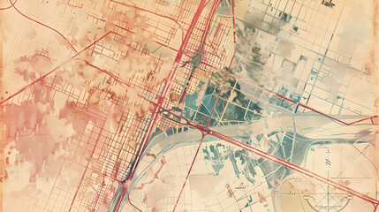 Fototapeta premium Aerial map illustration showcasing urban layout and infrastructure with artistic flair.
