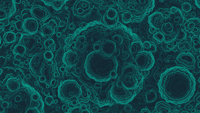 Abstract topography relief map with craters. Elevation contour lines on geographic topographic map. Intricate and detailed teal contour lines marbled pattern on a dark background. Vector illustration