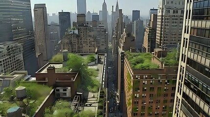 Obraz premium Aerial view of a bustling cityscape with skyscrapers and greenery.