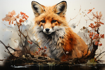Fototapeta premium fox in the forest, watercolor. 