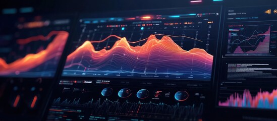 Vibrant sound visualization interface with dynamic waveforms and sound spectrum displays, futuristic audio presentation in a sleek layout 