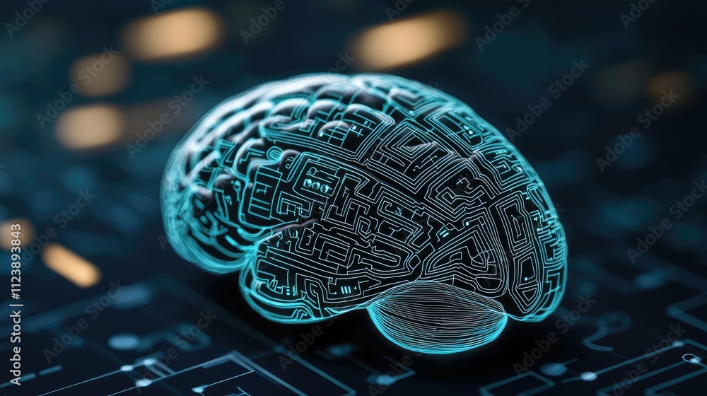 Poster a futuristic brain model representing artificial intelligence and digital innovation.