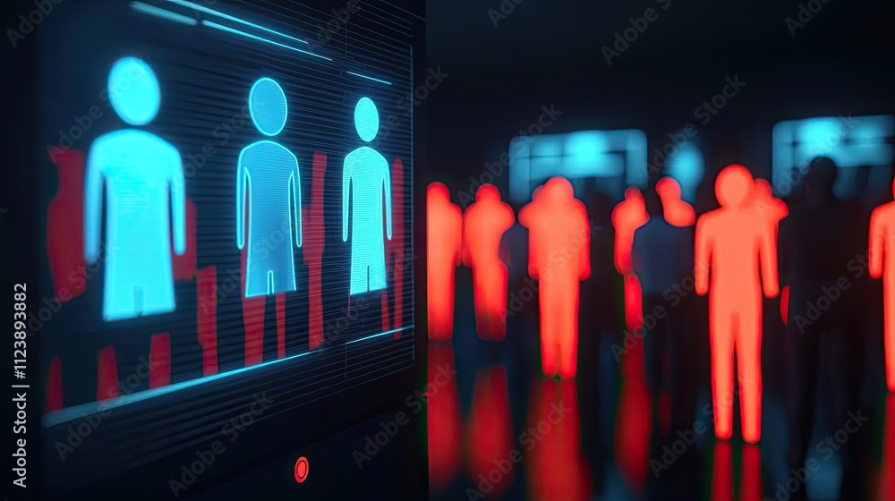 Poster futuristic display showing digital human figures in vibrant colors in a tech environment.