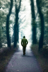 Man walking away alone in a forest
