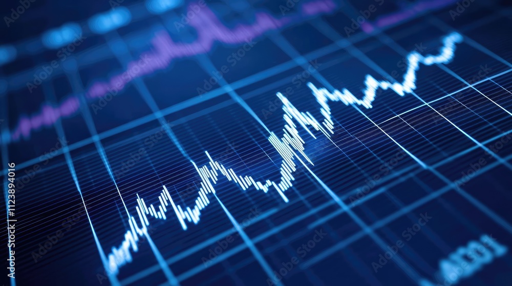Poster a dynamic financial chart showing upward trend with digital data analysis.