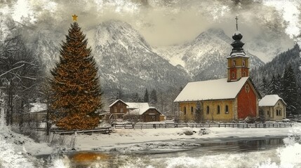 A serene winter landscape featuring a church, snow-covered mountains, and a decorated Christmas tree.